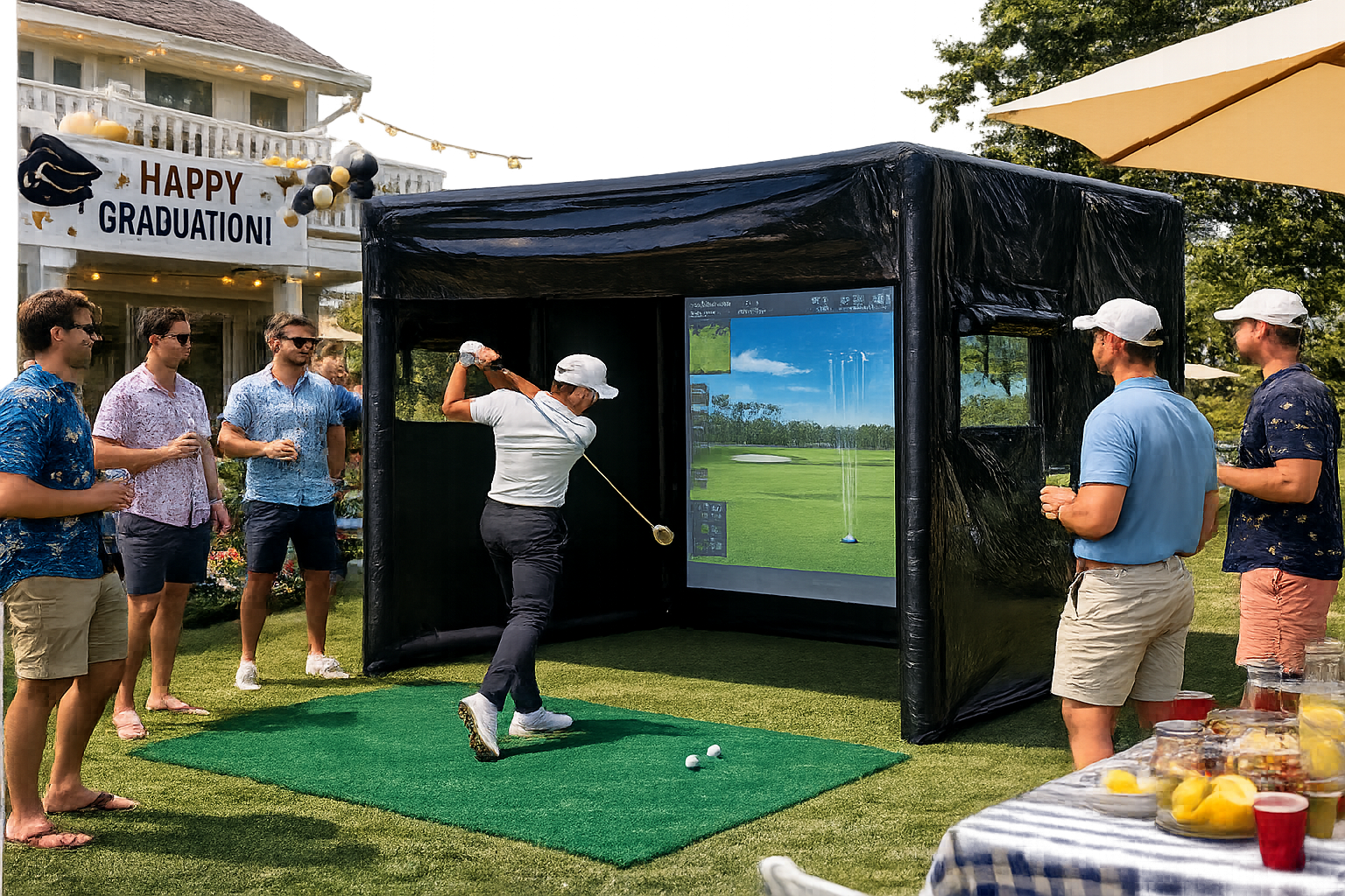 Mobile golf simulator rental setup in a Long Island backyard with a player mid-swing